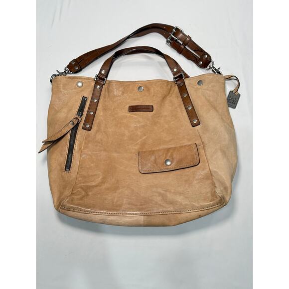 Frye Leather Tote Shoulder Bag Tan Buckle Straps Boho Western - Picture 3 of 14